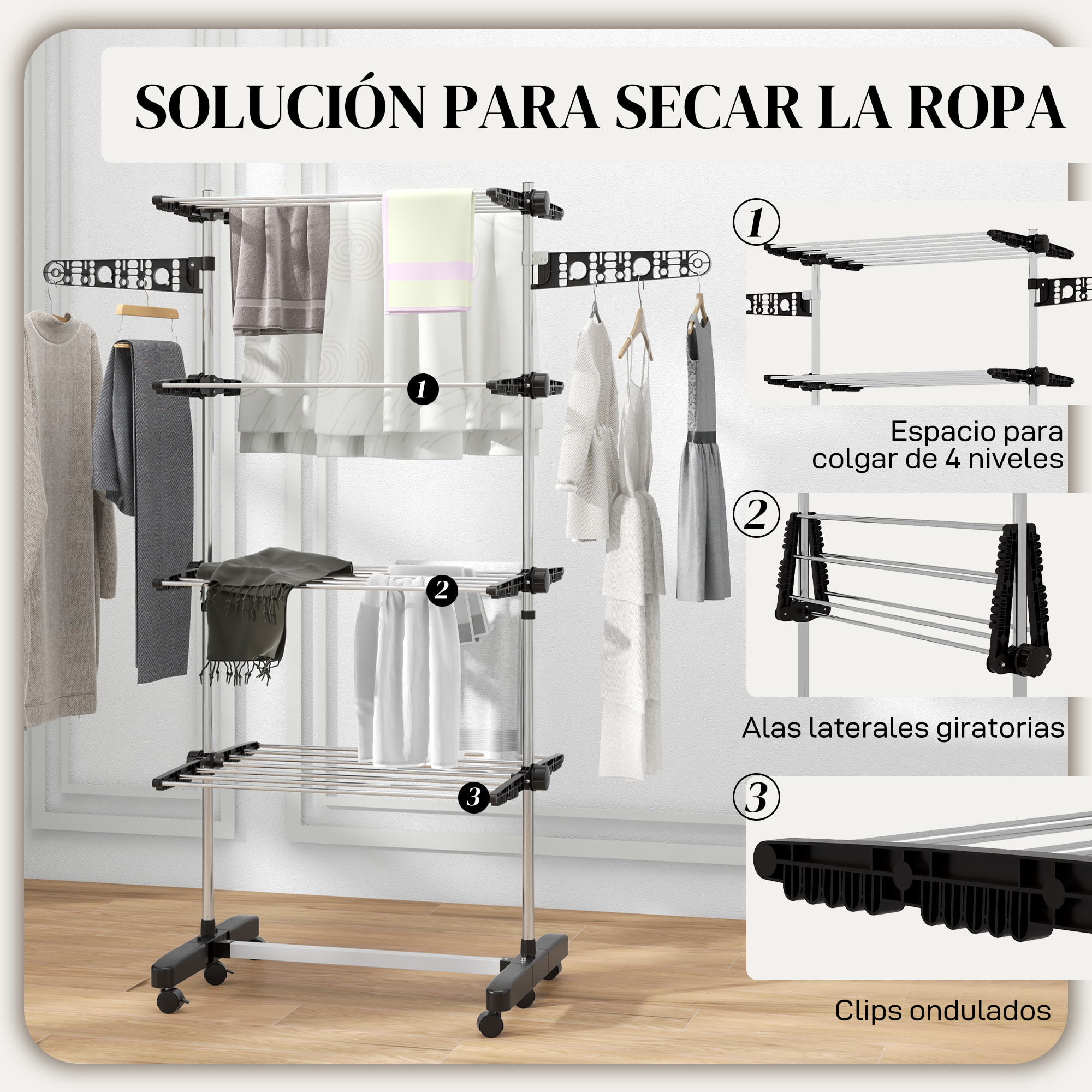 Tendedero Vertical Plegable Tendedero de Ropa con 6 Ruedas 2 Laterales Abatibles Estantes Ajustables y Marco de Acero Inoxidable para Interior y Exterior Negro y Plata