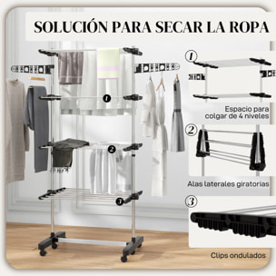 Tendedero Vertical Plegable Tendedero de Ropa con 6 Ruedas 2 Laterales Abatibles Estantes Ajustables y Marco de Acero Inoxidable para Interior y Exterior Negro y Plata