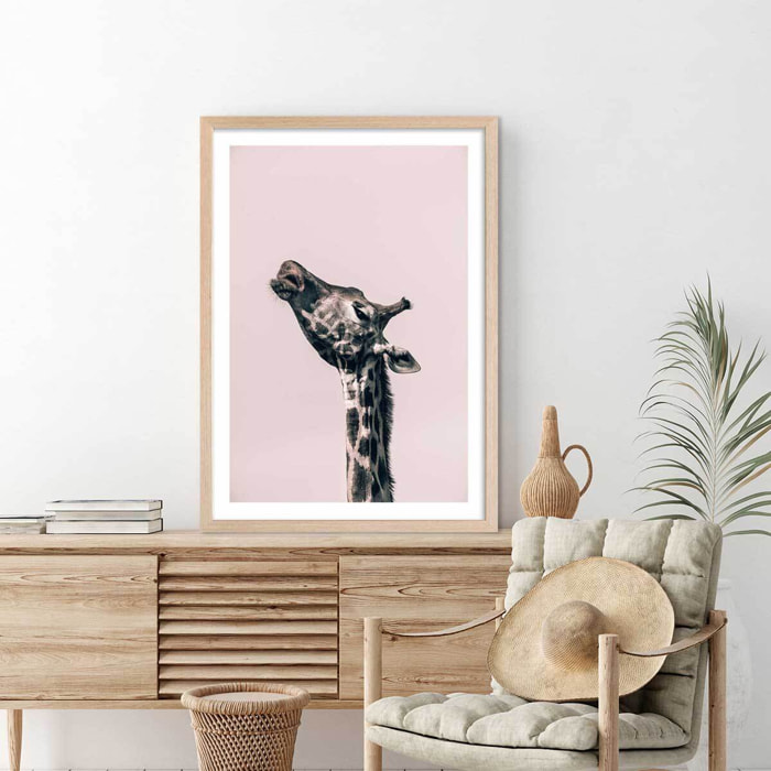 Affiche girafe ma reine Affiche + cadre en bois - Chêne