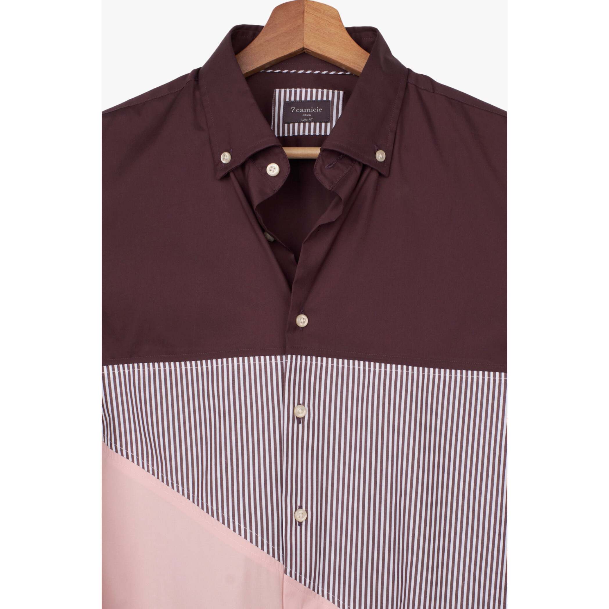 Camicia Uomo 1 Bottone Button Down Doppio Popeline Stretch Unito Bordeaux