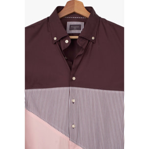 Camicia Uomo 1 Bottone Button Down Doppio Popeline Stretch Unito Bordeaux