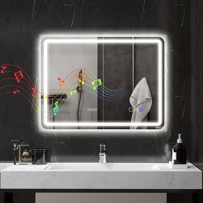 Espejo de Baño con Luz LED 80x60 cm Espejo de Pared con Bluetooth 3 Colores de Luz Reloj Digital Función Antivaho Función de Memoria Interruptor Táctil IP44