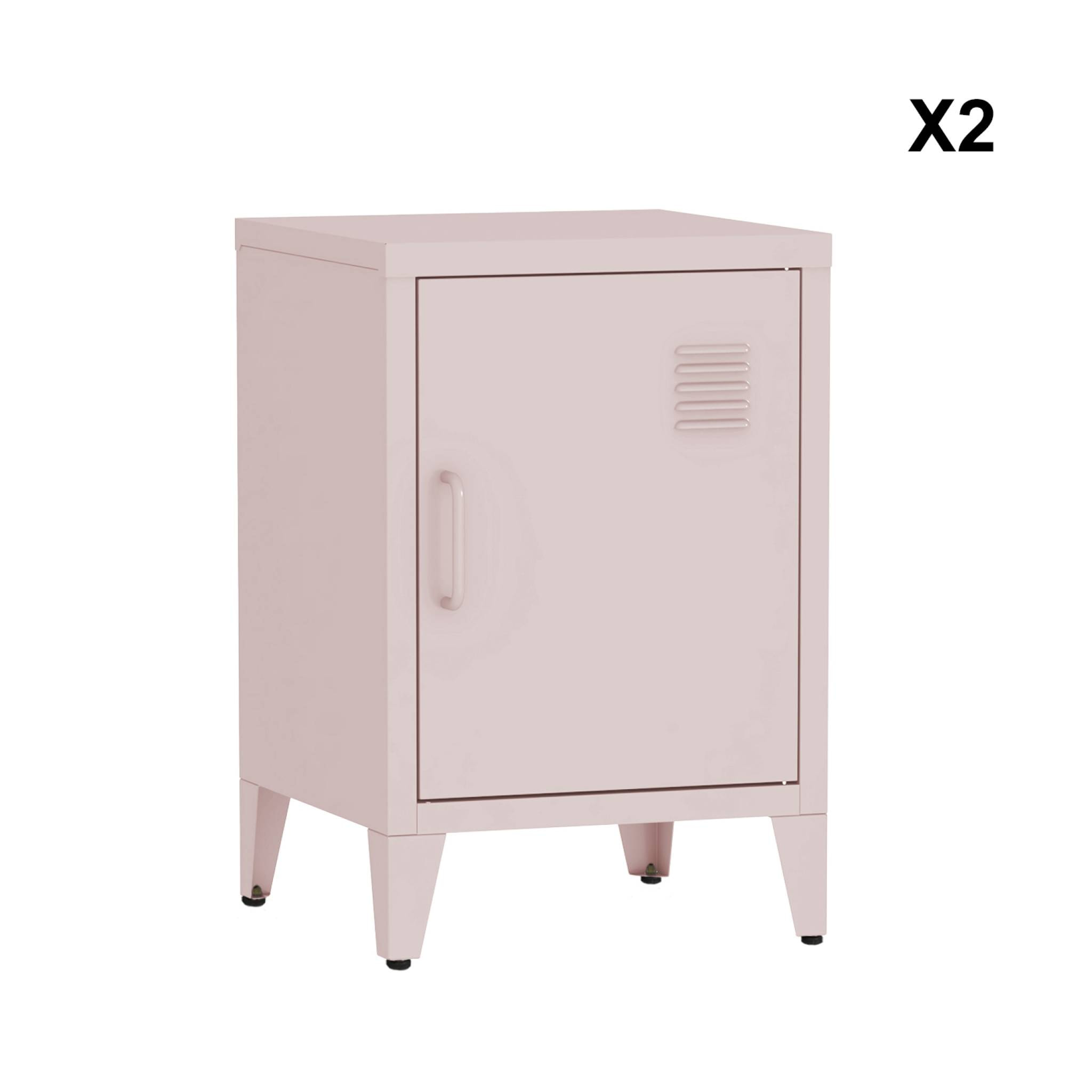 Lot de 2 tables de chevet en acier 1 porte. Rose. casier. L 38 x P 38 x H 55.7 cm