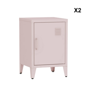 Lot de 2 tables de chevet en acier 1 porte. Rose. casier. L 38 x P 38 x H 55.7 cm