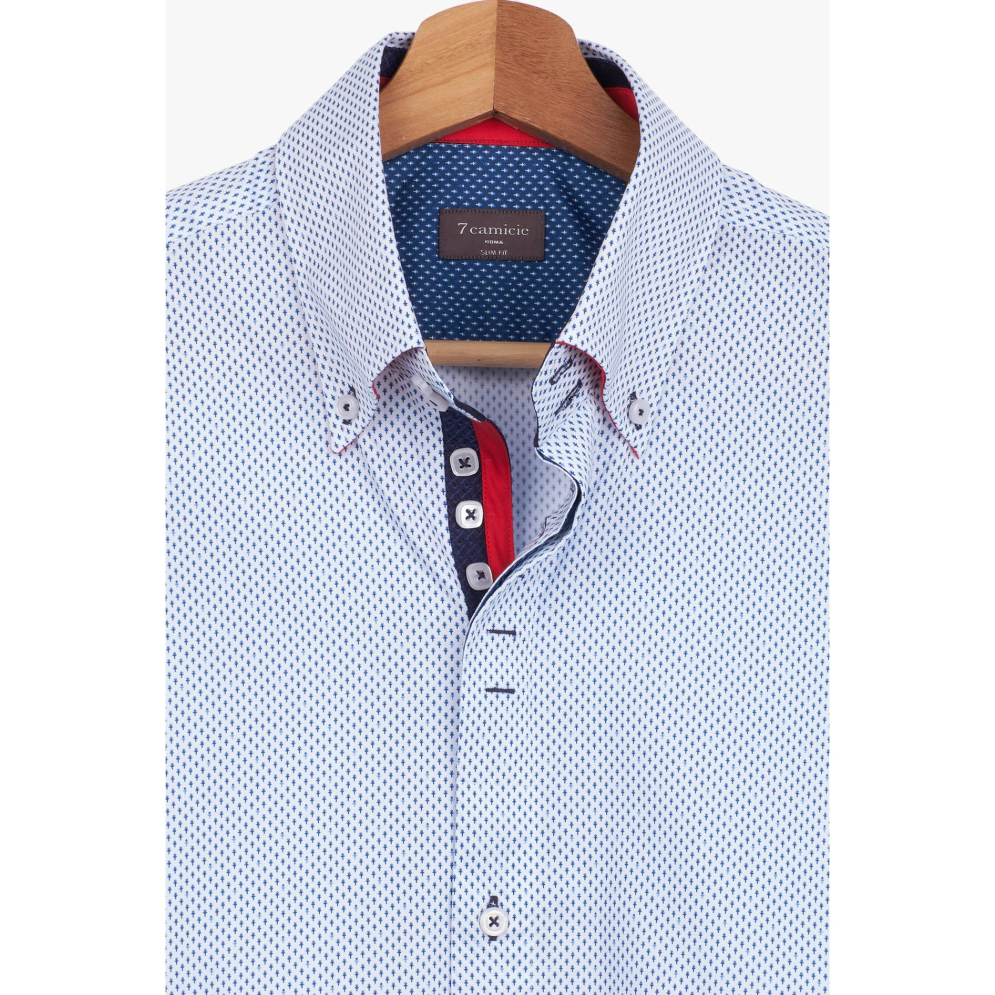 Camicia Uomo 2 Bottoni Button Down Slim Popeline Stampato Bianco e Blu