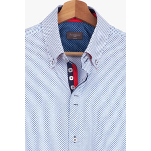 Camicia Uomo 2 Bottoni Button Down Slim Popeline Stampato Bianco e Blu