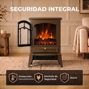 Chimenea Eléctrica de Pie, 1000W/2000W, Chimenea Eléctrica Decorativa con Efecto Llama 3D, Brillo Ajustable, Termostato y Protección contra Sobrecalentamiento, para 30㎡, Marrón
