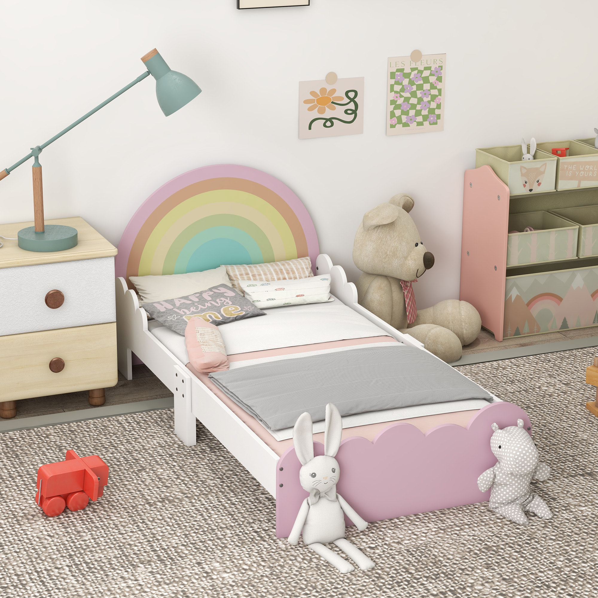 Lit enfant design girly motifs arc en ciel, nuages - sommier à lattes inclus - MDF contreplaqué rose blanc