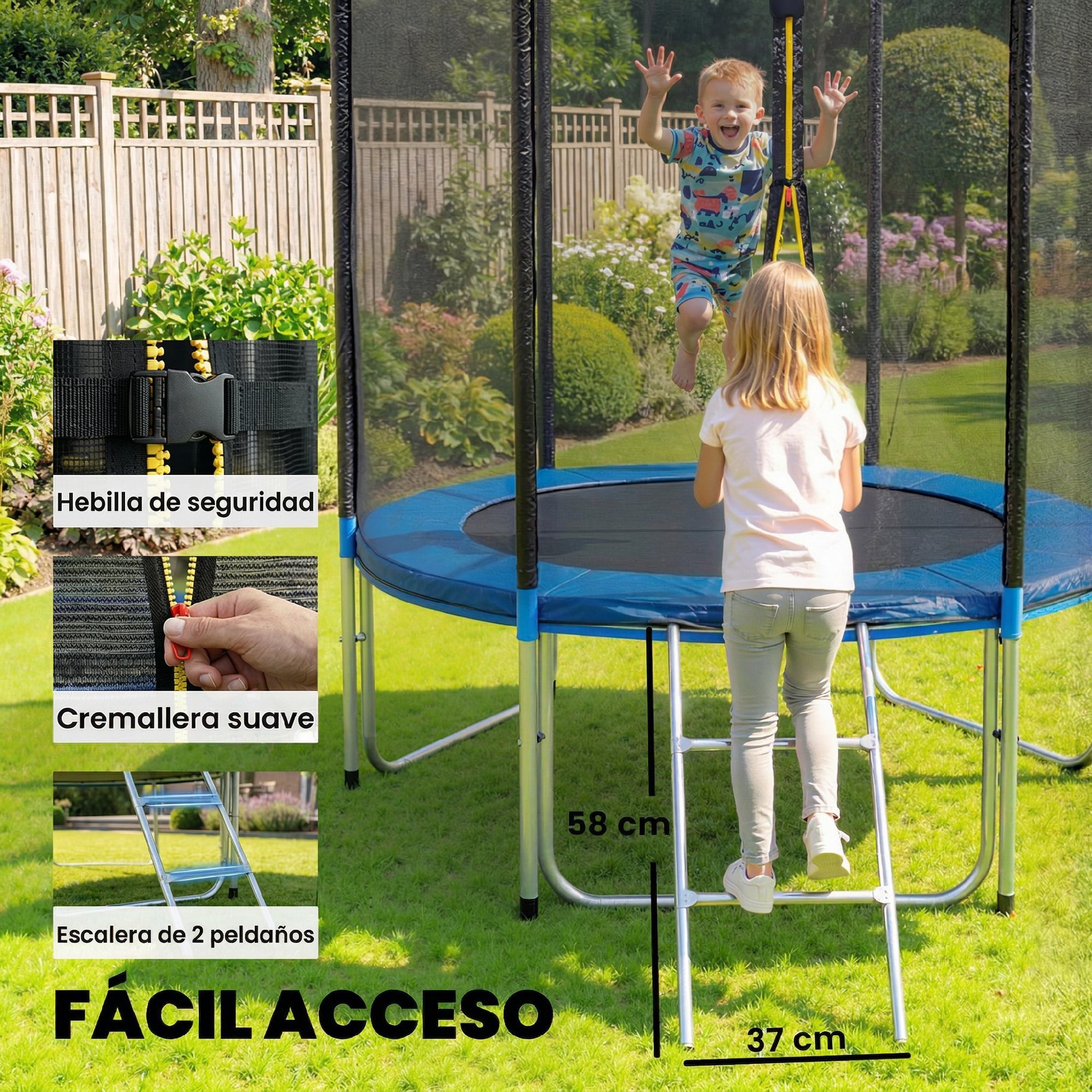 Cama Elástica para Niños Exterior Ø183 cm, Trampolín para Niños de +6 Años con Red de Seguridad, Escalera, Acolchado de Muelles y Marco de Acero Galvanizado, Carga 80 kg