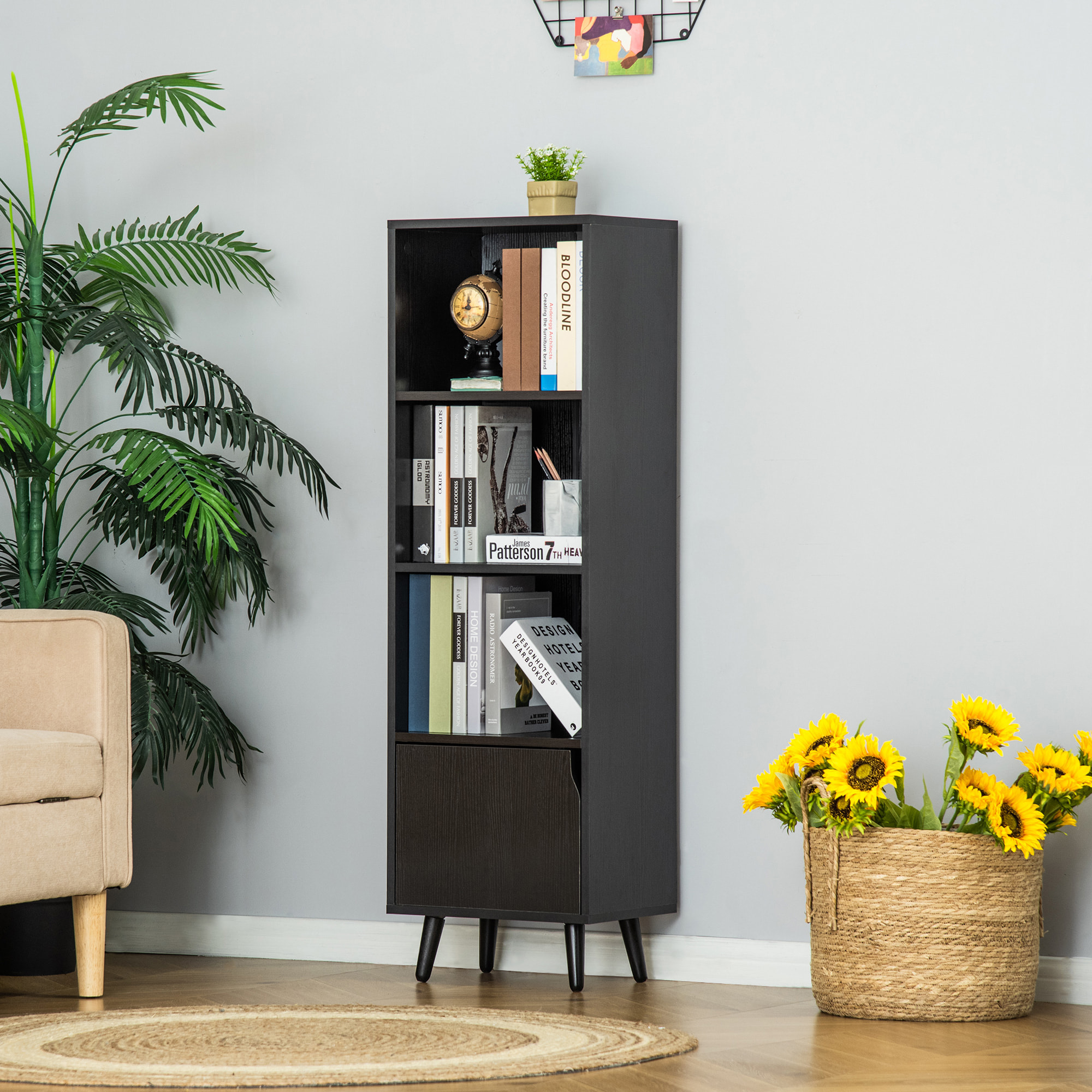 HOMCOM Estantería con 3 Estantes Abiertos y 1 Cerrado con Puerta Librería de Estilo Moderno para Almacenamiento de Libros Juguetes CDs Plantas 40x30x129,5 cm Negro