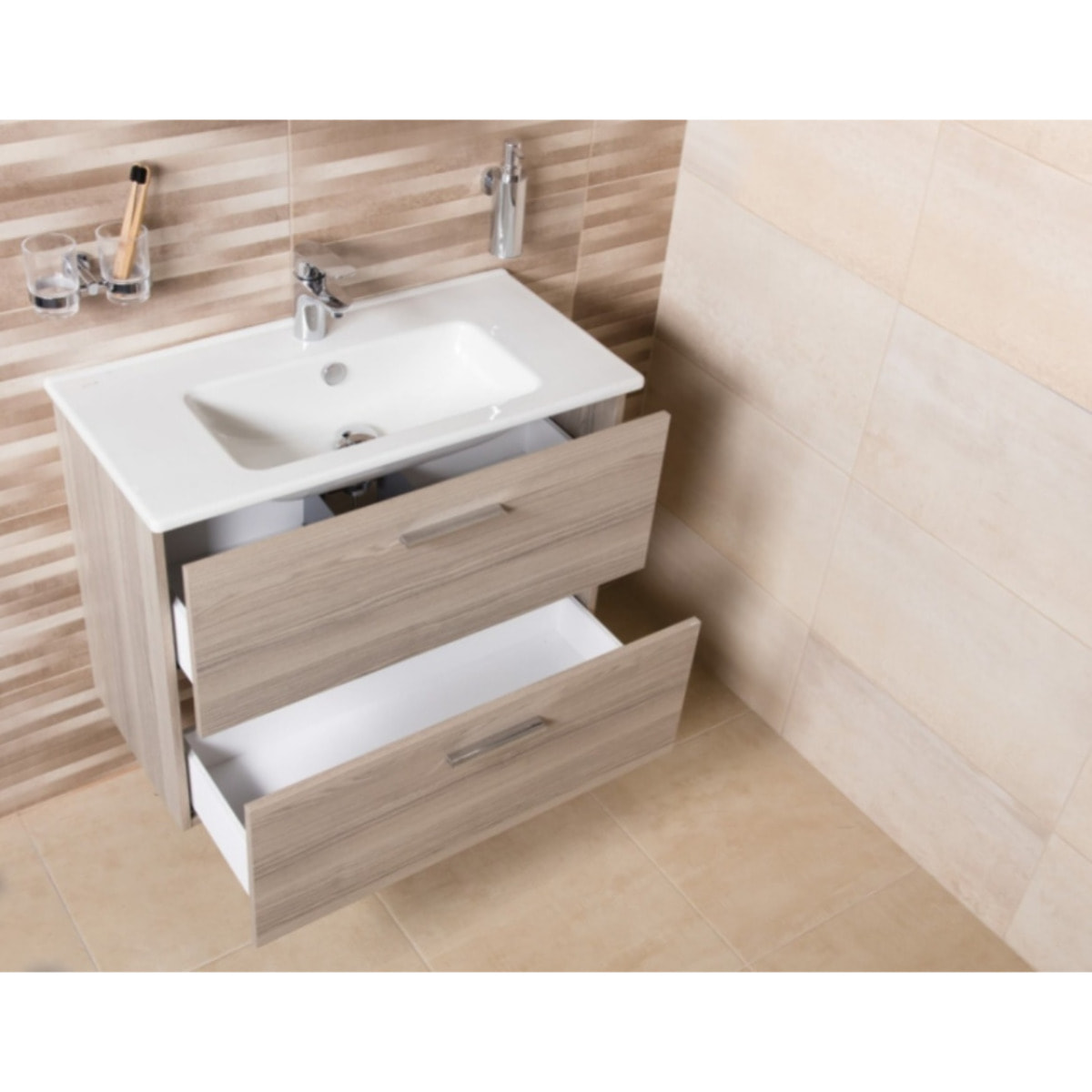 Lot de 4 meubles de salle de bain Mia 60 cm avec miroir, lavabo et éclairage LED, finition Cordoba (MIASET60C-GVP04)