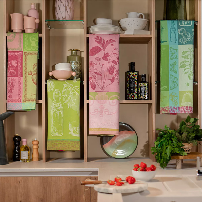 Torchon pur coton motif jacquard multicolore Confiture de fraises printemps