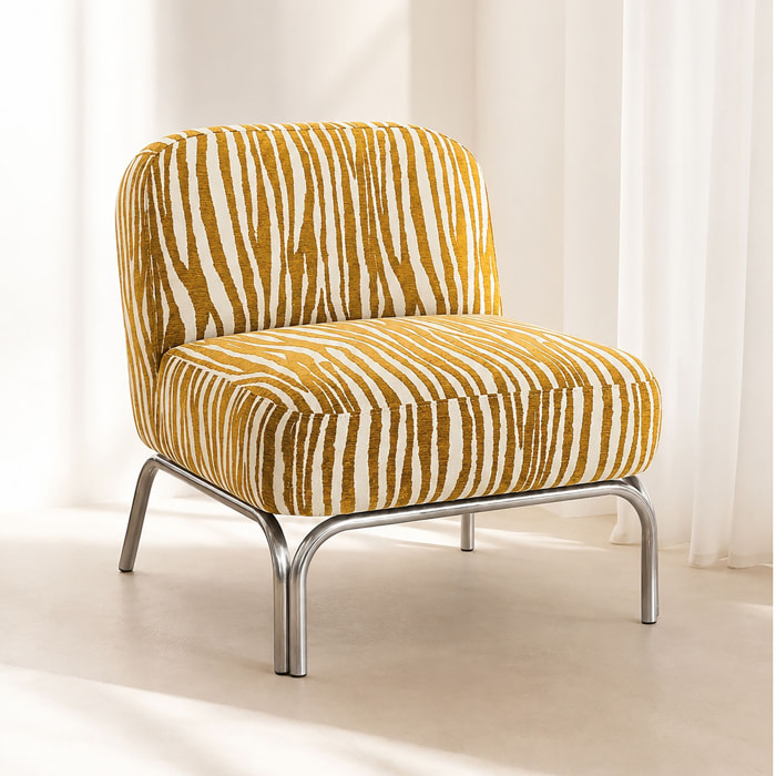 Fauteuil en tissu chenille zebré ocre et pied chromé SAVARA