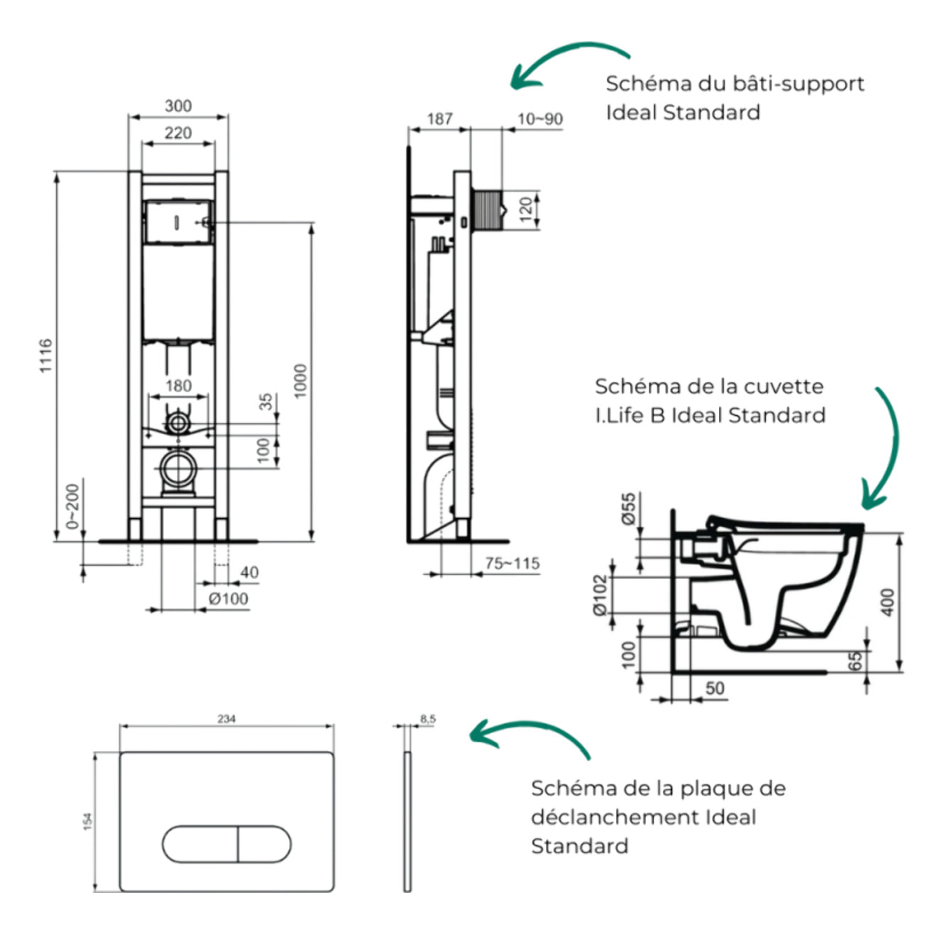 Pack WC suspendu sans bride I.Life B RimLS+ + Abattant frein de chute + Bâti-support autoportant + Plaque blanche