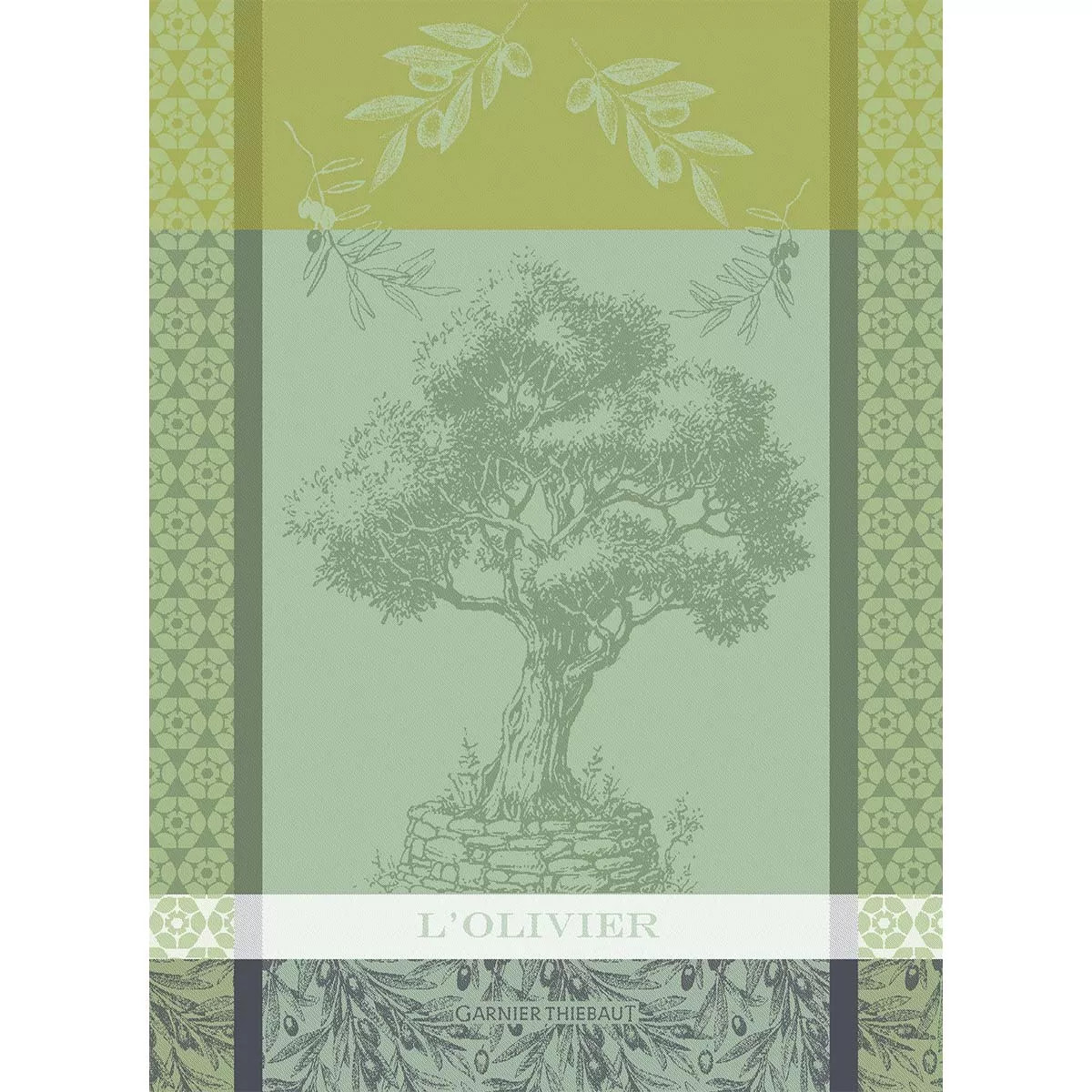 Torchon pur coton motif jacquard vert L'olivier vert