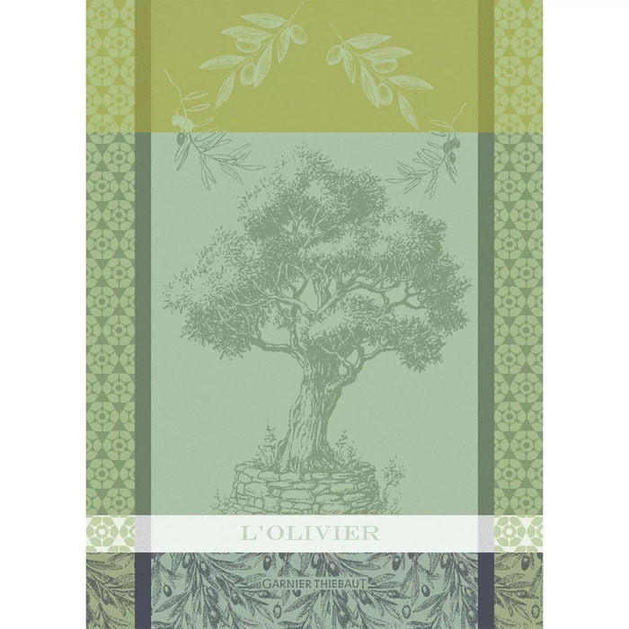 Torchon pur coton motif jacquard vert L'olivier vert