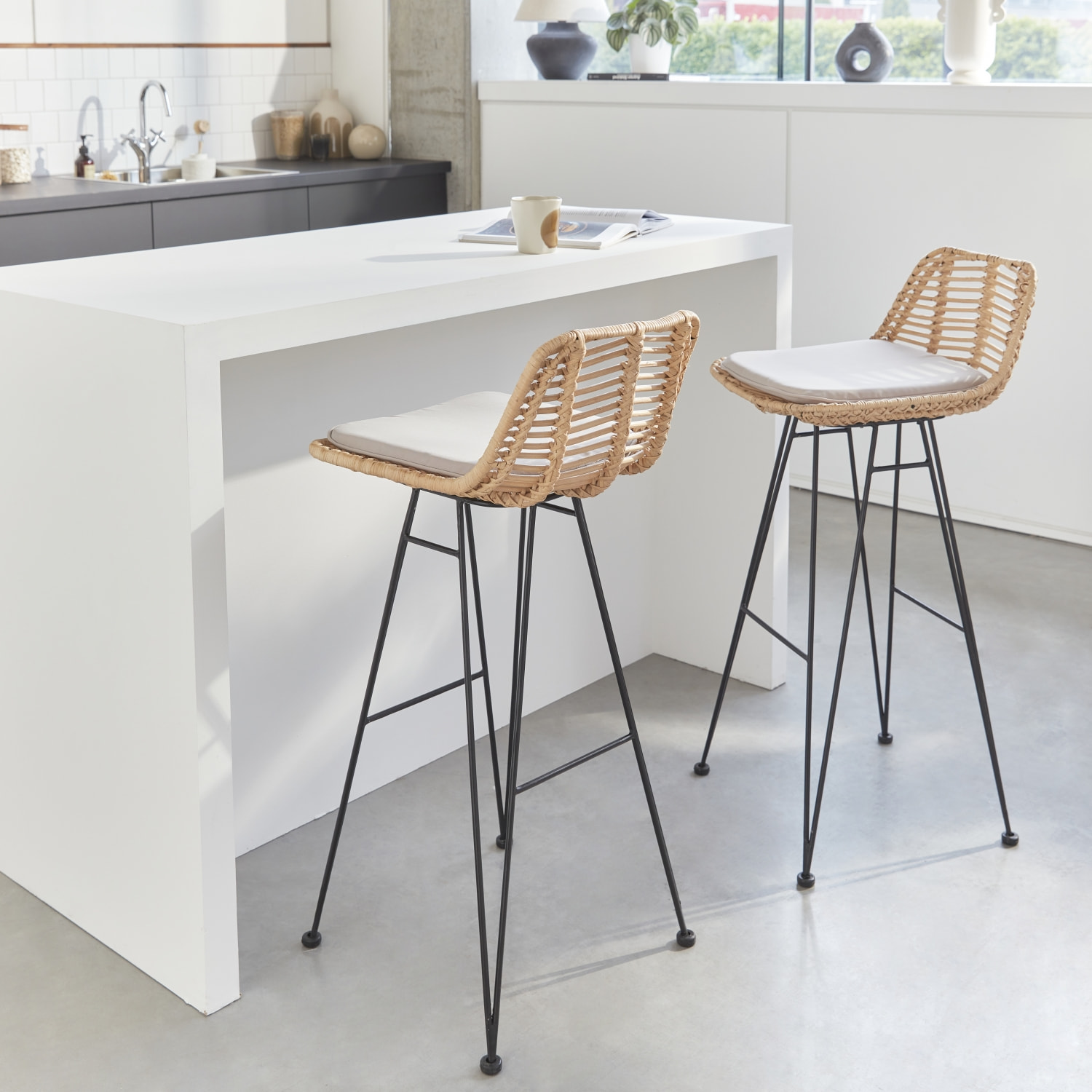 Tabouret de bar métal et rotin 75cm (lot de 2) CAHYA