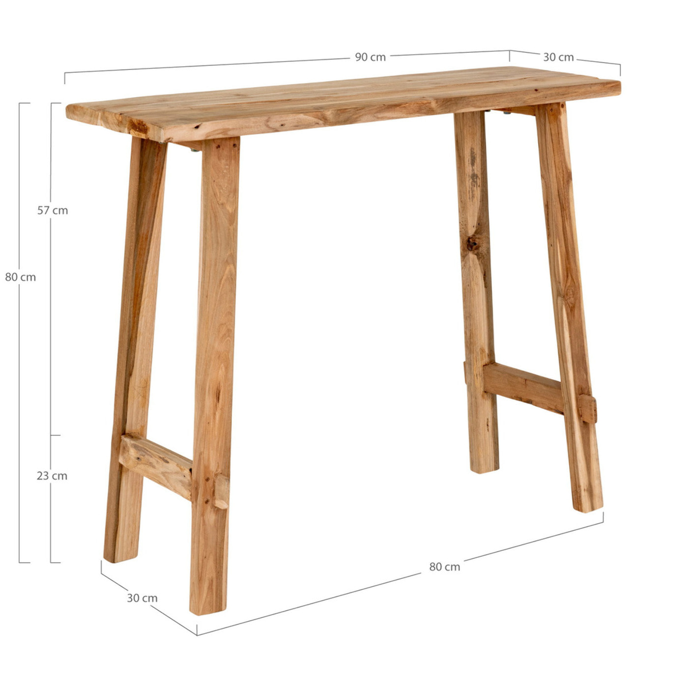Consolle Girona in teak naturale con gambe a cavalletto, 90×30×80 cm
