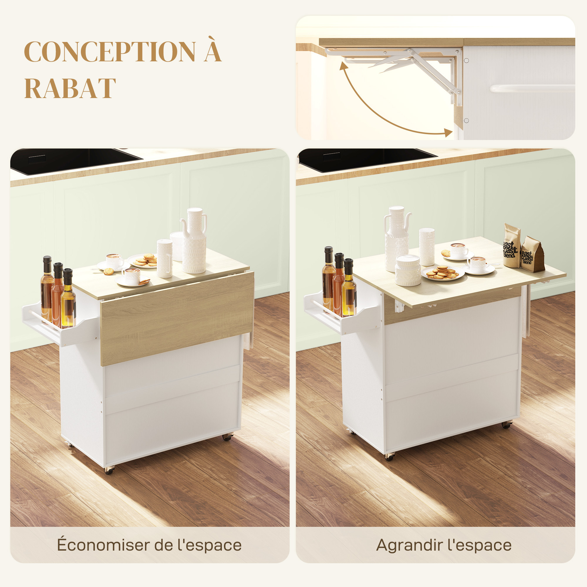 Desserte de cuisine 2 portes étagère tiroir support épices porte-serviette blanc effet bois naturel