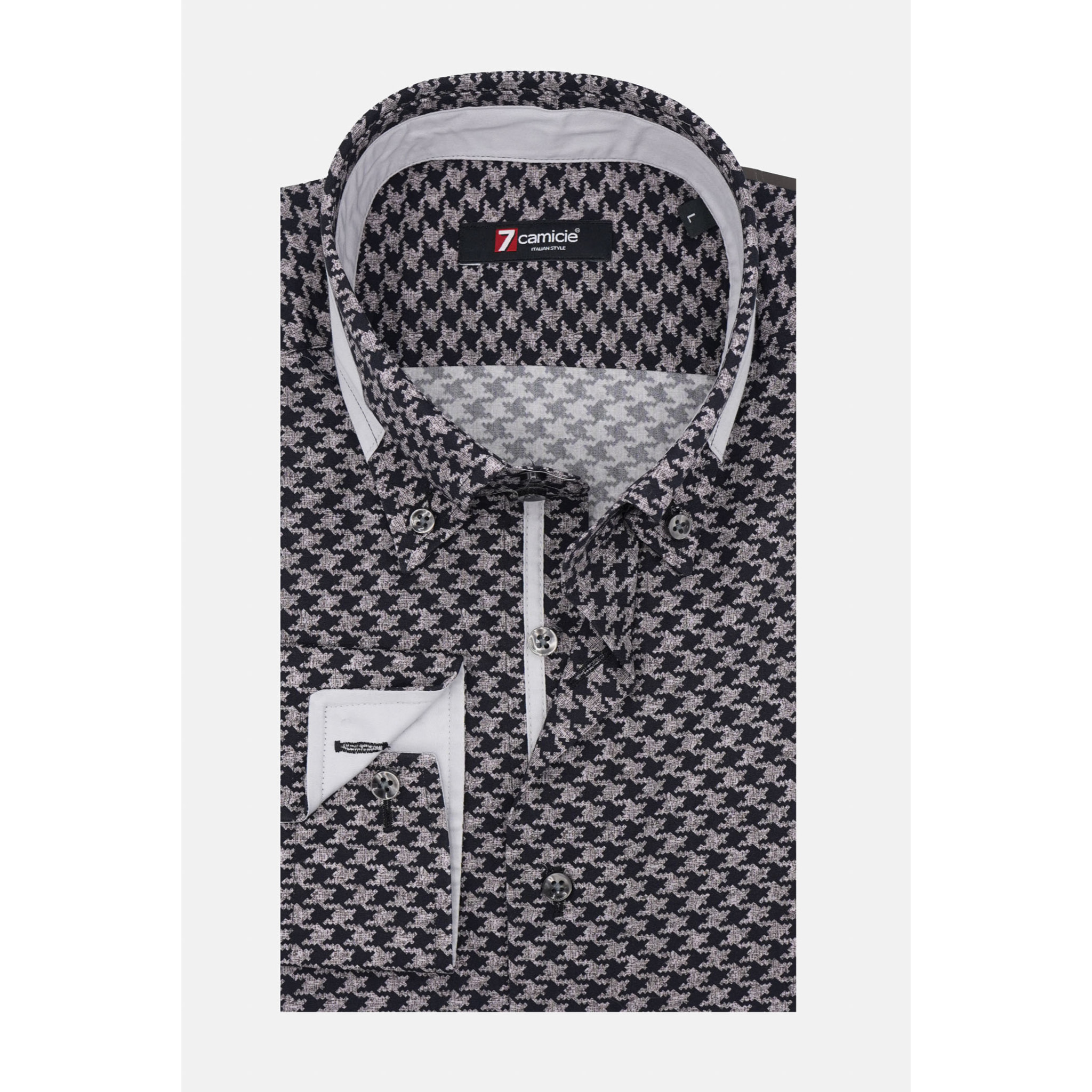 Camicia Uomo 2bottoni Button Down Doppio Collo Slim Popeline Stampato Grigio Scuro/Nero