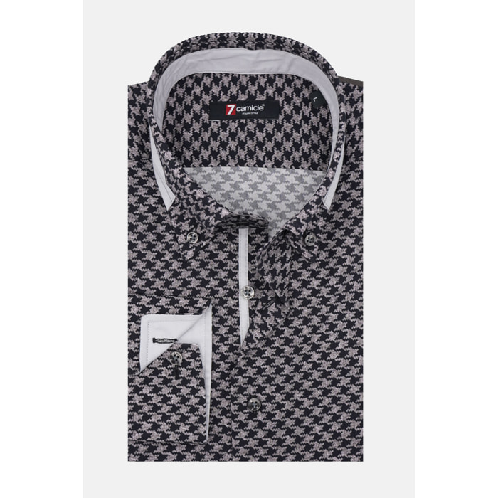 Camicia Uomo 2bottoni Button Down Doppio Collo Slim Popeline Stampato Grigio Scuro/Nero