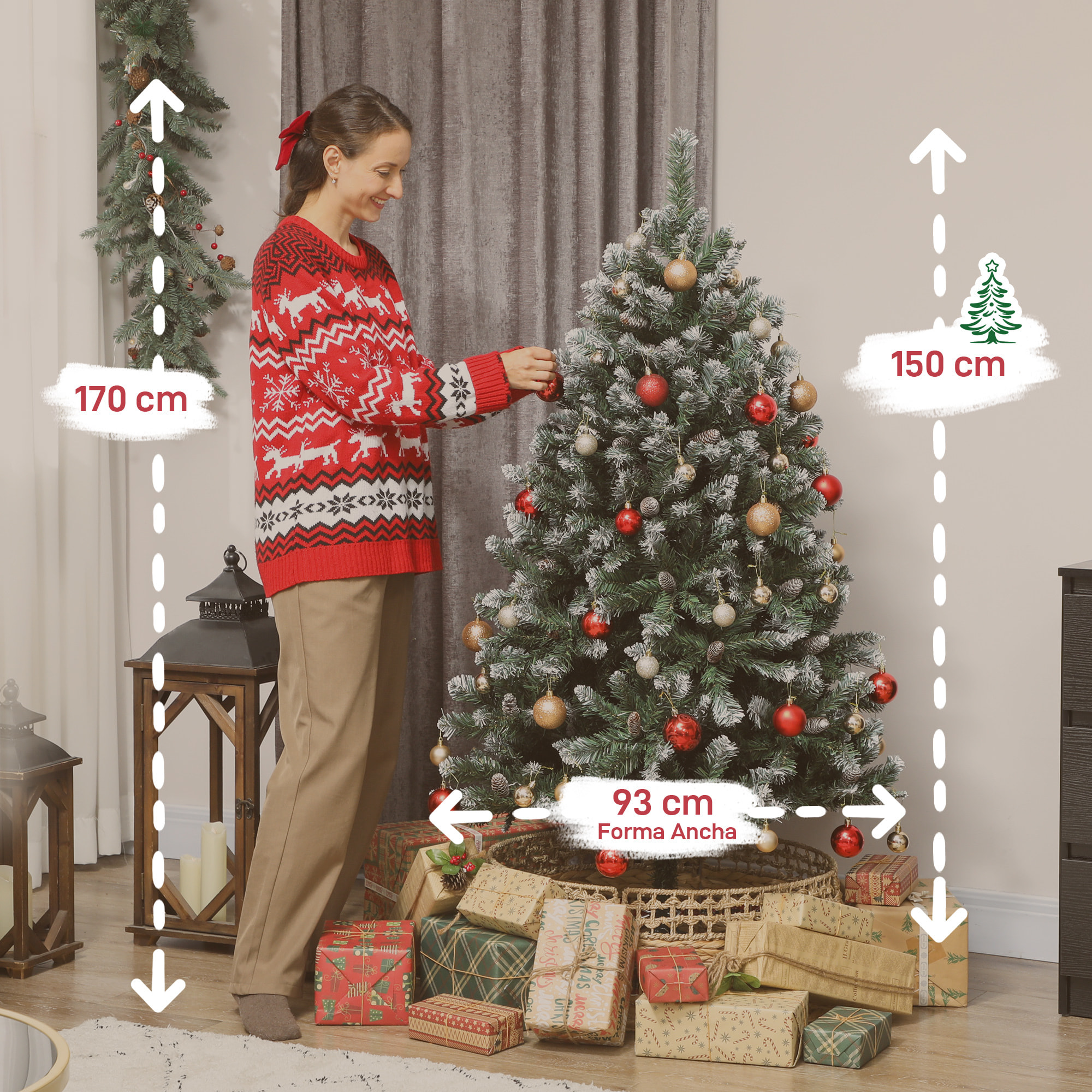 Árbol de Navidad Artificial 150 cm, Árbol de Navidad con 581 Ramas Densas con Nieve, 44 Piñas y Soporte Metálico Plegable, Fácil Montaje, para Salón, Interior, Verde