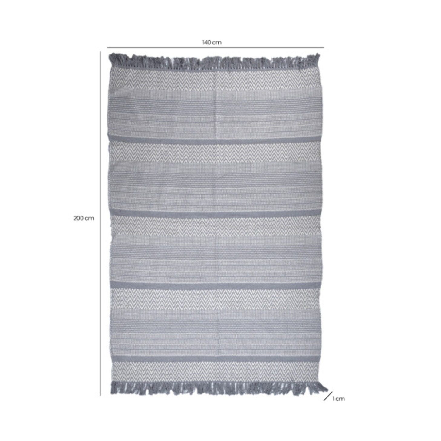 Tapis en coton brodé lignes et chevrons gris clair avec franges - MINA