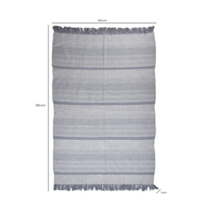Tapis en coton brodé lignes et chevrons gris clair avec franges - MINA