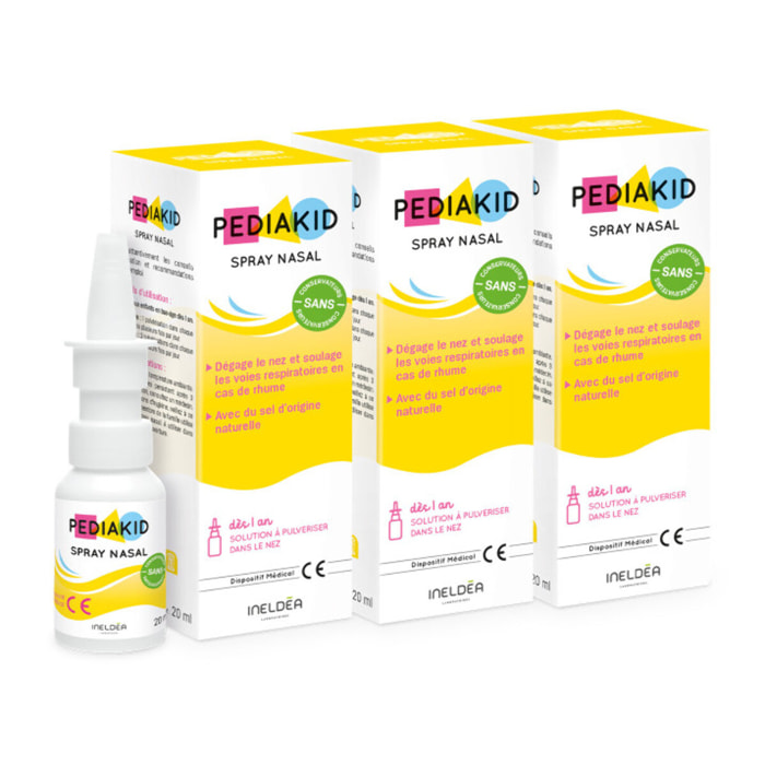 PEDIAKID - Spray Nasal - Solution saline naturelle - Décongestionne, Nettoie et Humidifie le Nez - Dès 1 an - Sans gaz propulseur - 20ml - Lot de 3