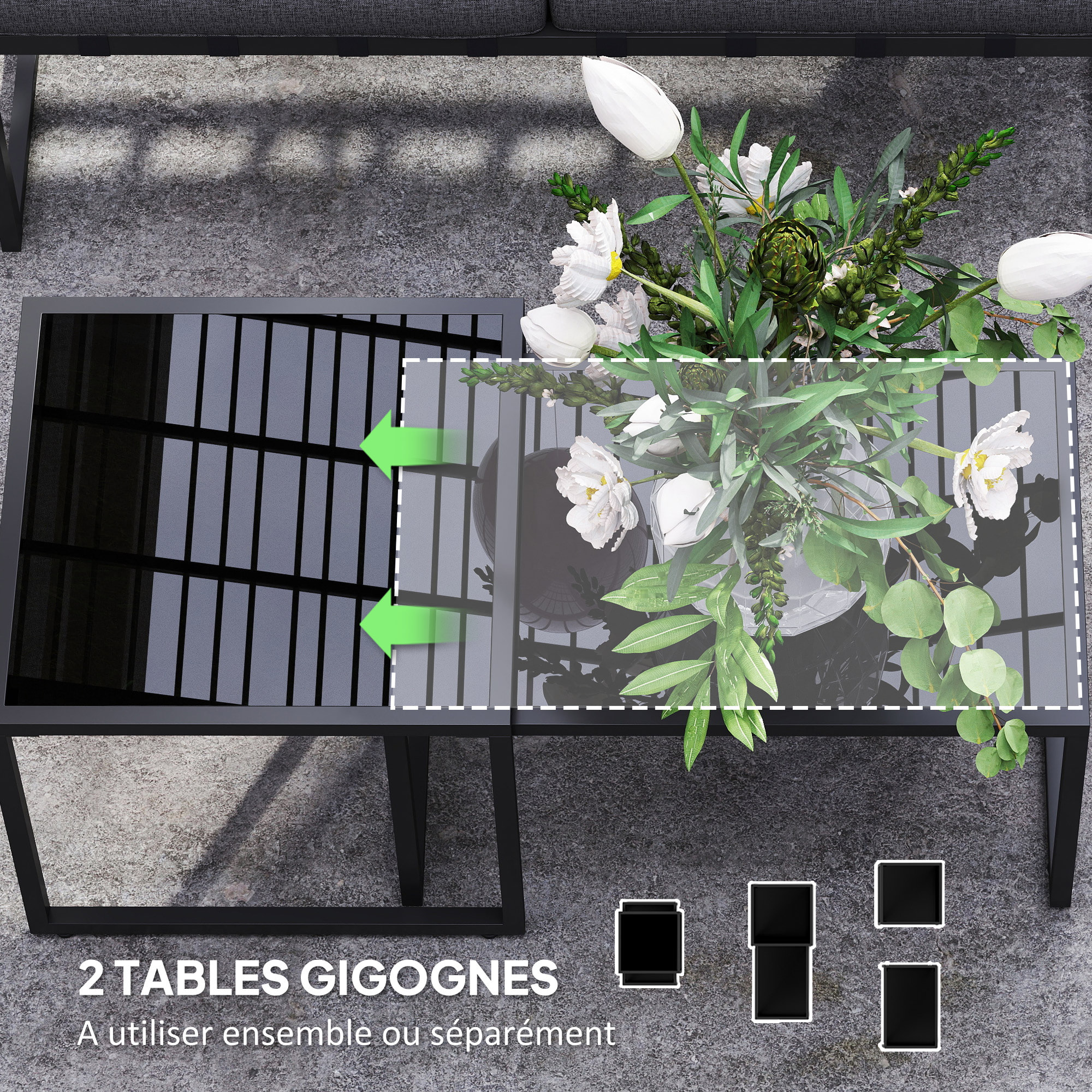 Ensemble salon de jardin d'angle 5 places 4 pièces modulables tables basses gigognes acier verre trempé noir gris