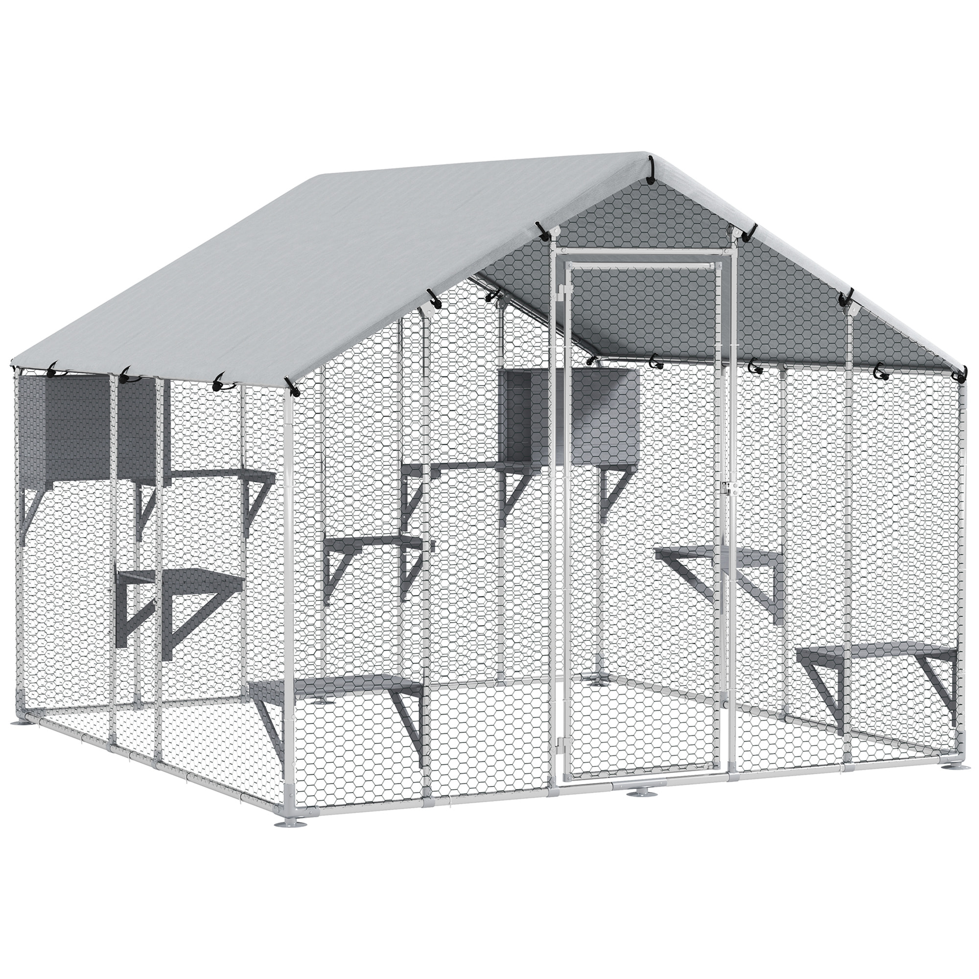 Jaula Grande para Gatos Exterior, Recinto para Gatos con 2 Casitas, 7 Plataformas para Saltar, Cubierta Impermeable y Anti-UV, Parque para 5 Gatitos, Conejos, 240x193x195 cm, Plata