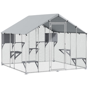 Jaula Grande para Gatos Exterior, Recinto para Gatos con 2 Casitas, 7 Plataformas para Saltar, Cubierta Impermeable y Anti-UV, Parque para 5 Gatitos, Conejos, 240x193x195 cm, Plata