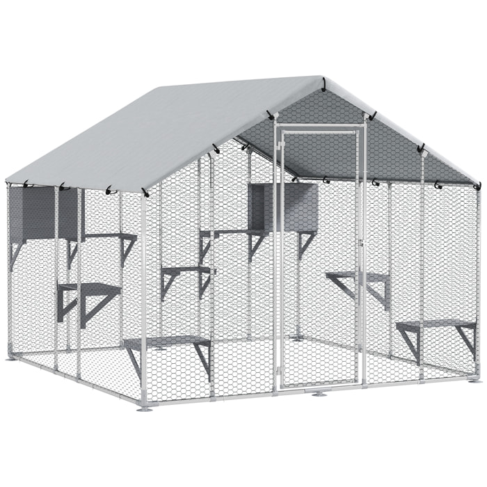 Jaula Grande para Gatos Exterior, Recinto para Gatos con 2 Casitas, 7 Plataformas para Saltar, Cubierta Impermeable y Anti-UV, Parque para 5 Gatitos, Conejos, 240x193x195 cm, Plata