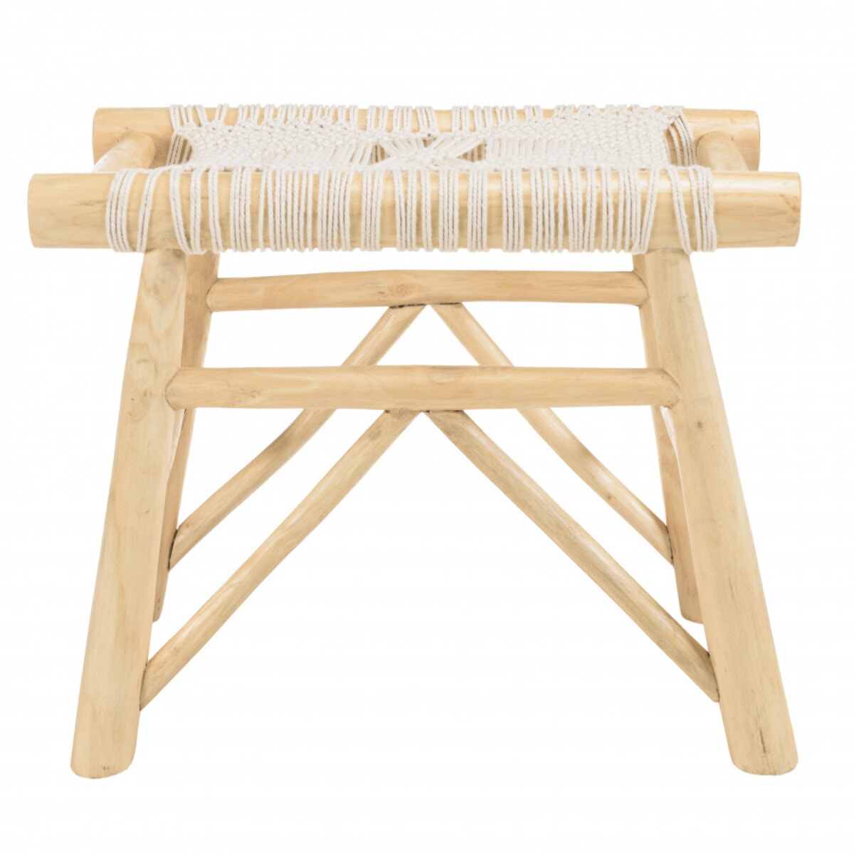 WILL - Tabouret en branches de teck naturel assise en macramé blanc