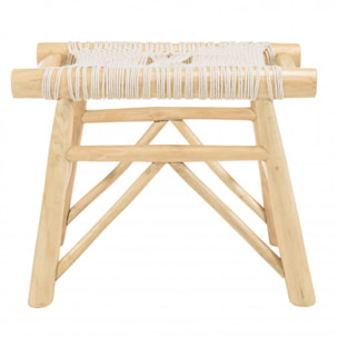 WILL - Tabouret en branches de teck naturel assise en macramé blanc