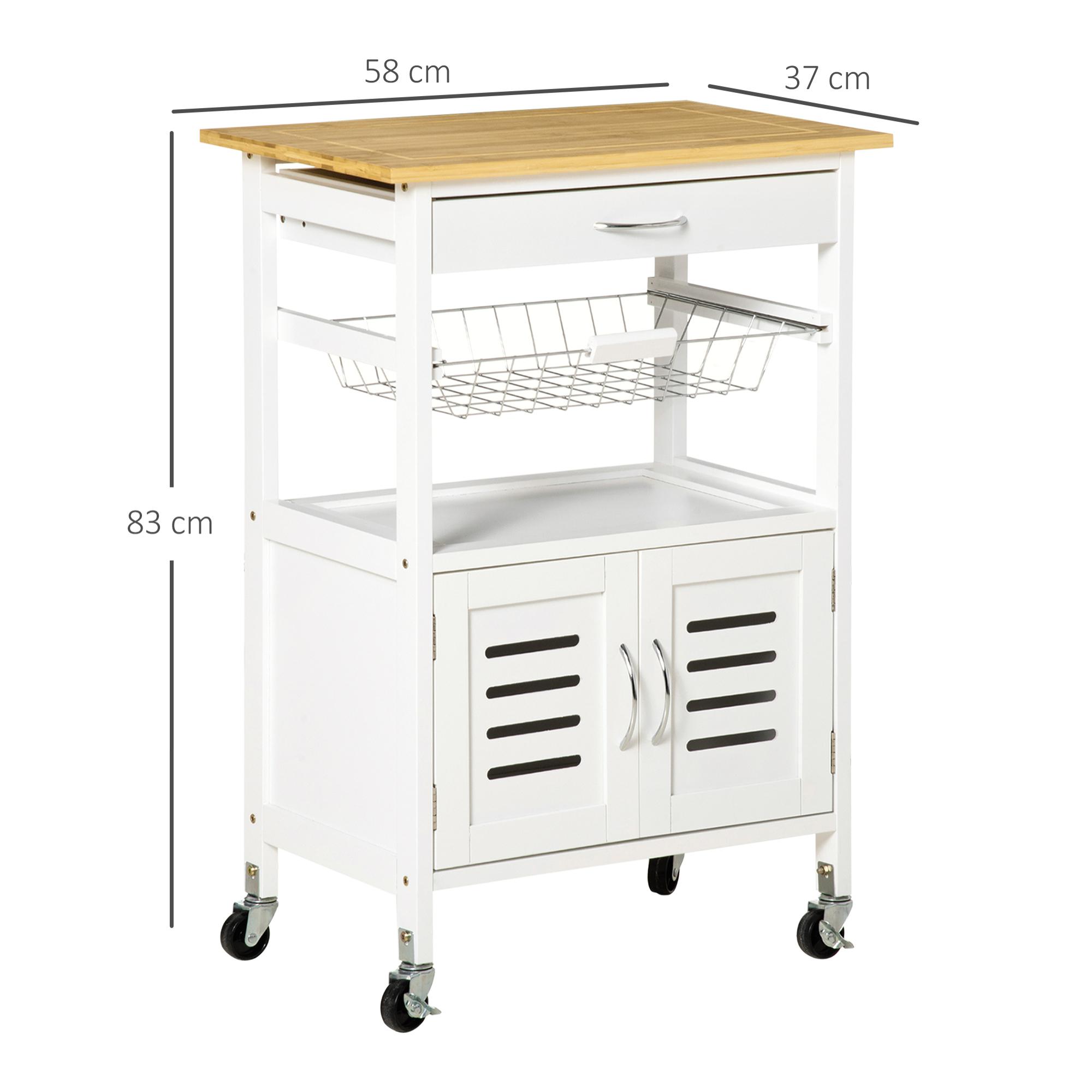 HOMCOM Carrito de Cocina con Ruedas Carro de Almacenamiento Multiuso con Encimera de Bambú Cajón Cesta Metálica y Armario de 2 Puertas de Persiana 58x37x83 cm Blanco