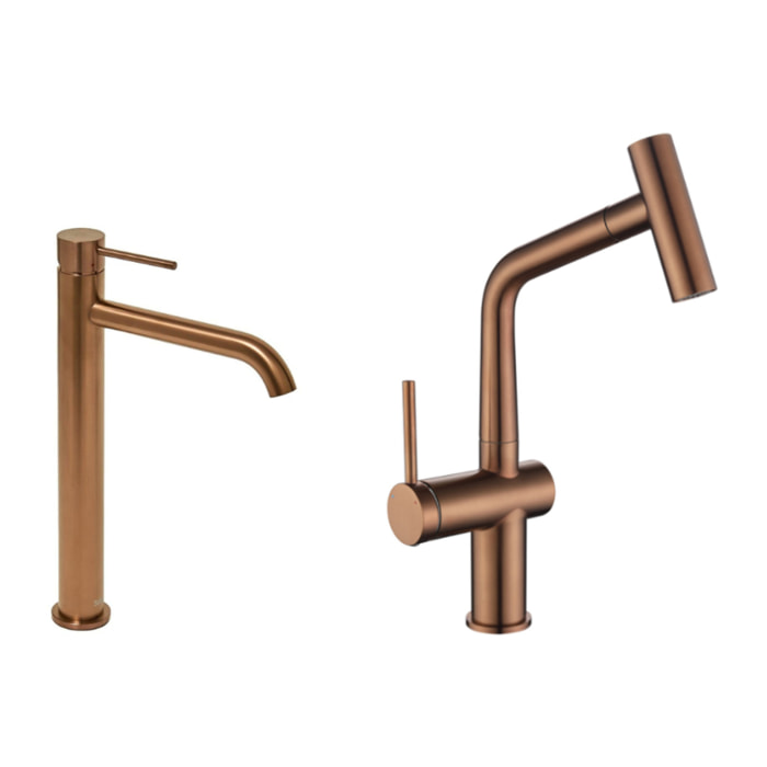Aurum set mitigeur lavabo + mitigeur cuisine Ceramia Timeless acier inoxydable, douchette extractible, or rose (SATBA285BCRG)
