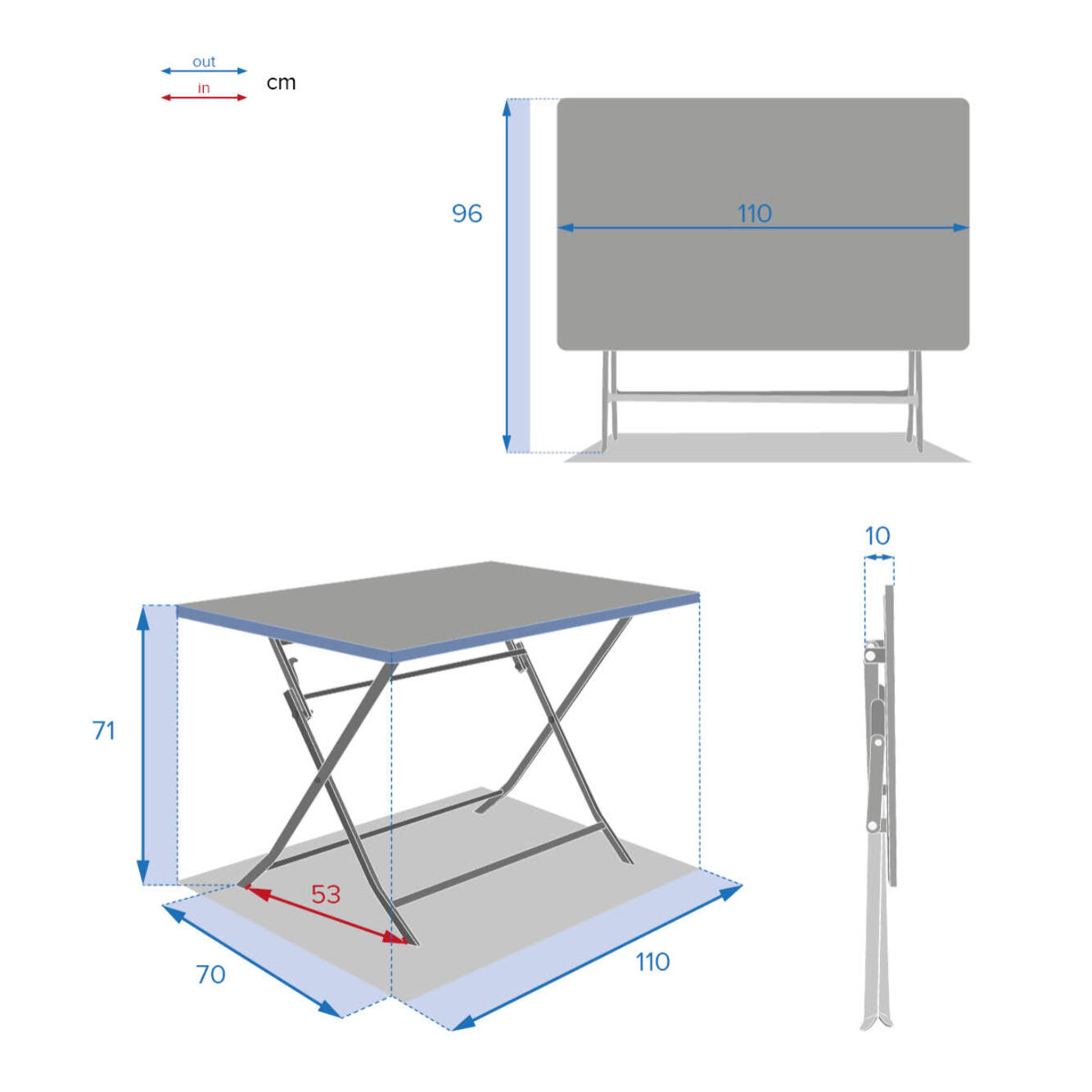 Table de jardin pliante rectangulaire "Greensboro" pétrole 4 places en acier traité époxy