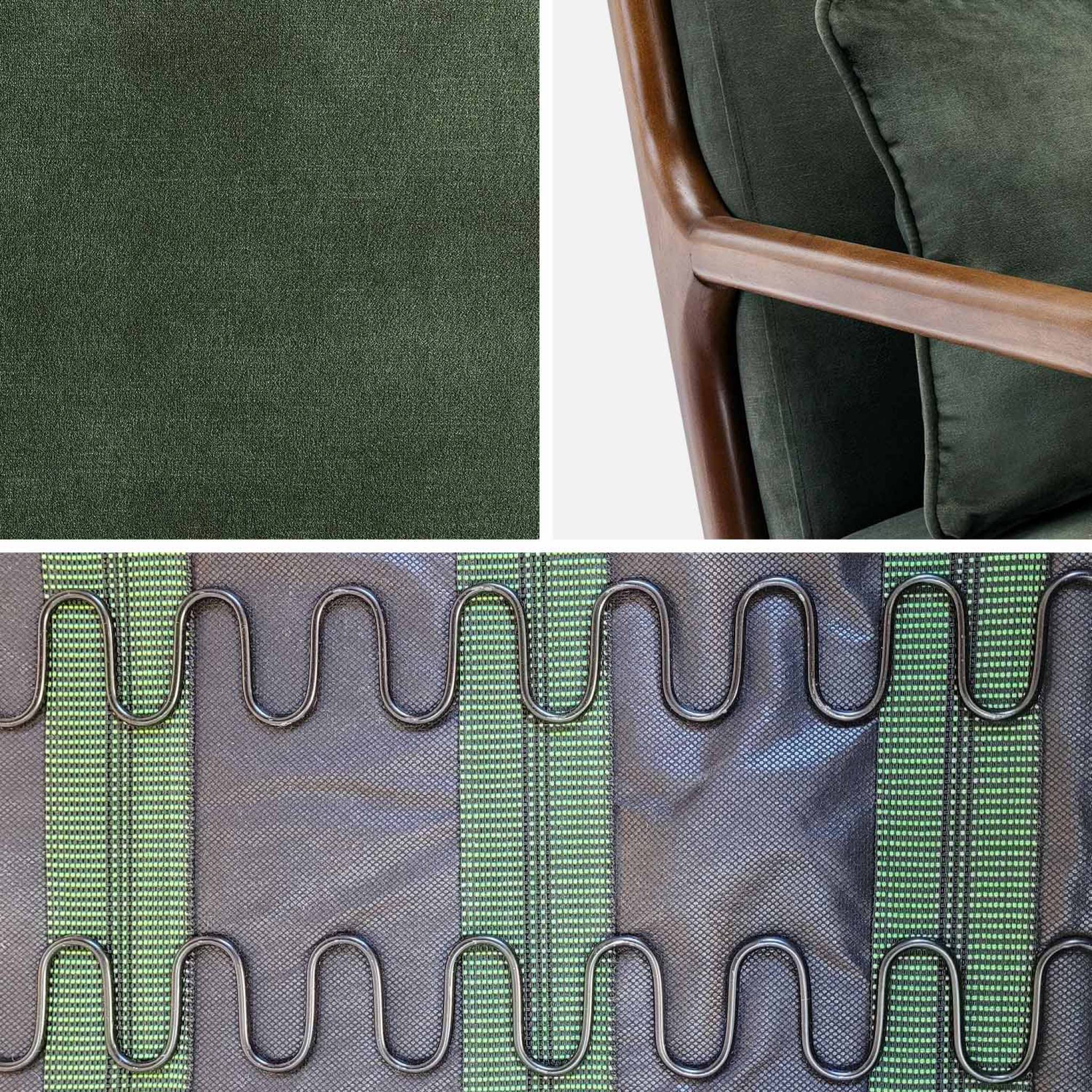 Fauteuil en velours kaki foncé. pieds bois d'hévéa teinté noyer clair. 1 place droit fixe. pieds compas scandinave