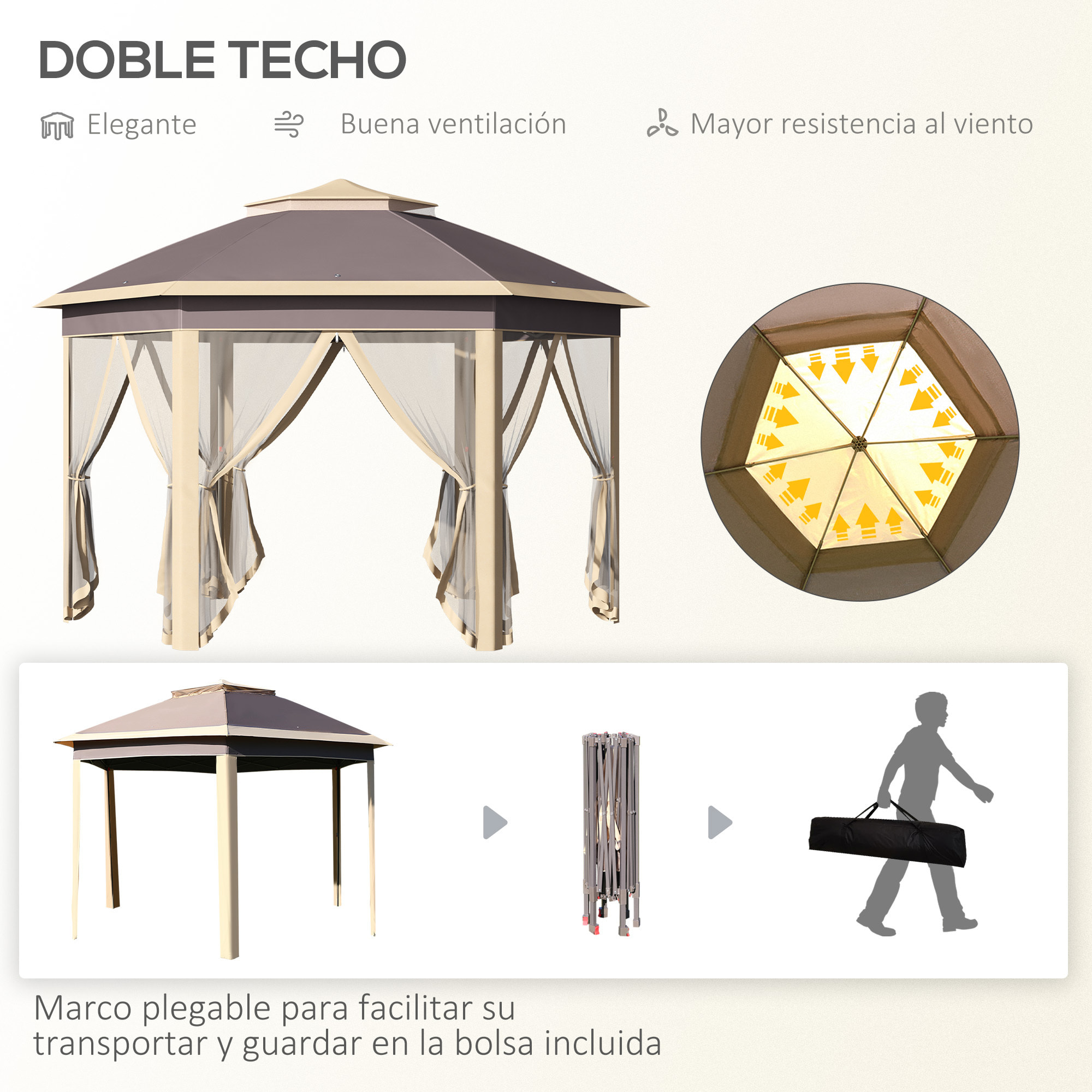 Carpa Plegable 4,05x3,4x2,85 m Cenador de Jardín Hexagonal con Doble Techo 6 Mosquiteras Desmontables Bolsa de Transporte Altura Ajustable en 3 Niveles y Anti-UV para Fiesta Patio Beige