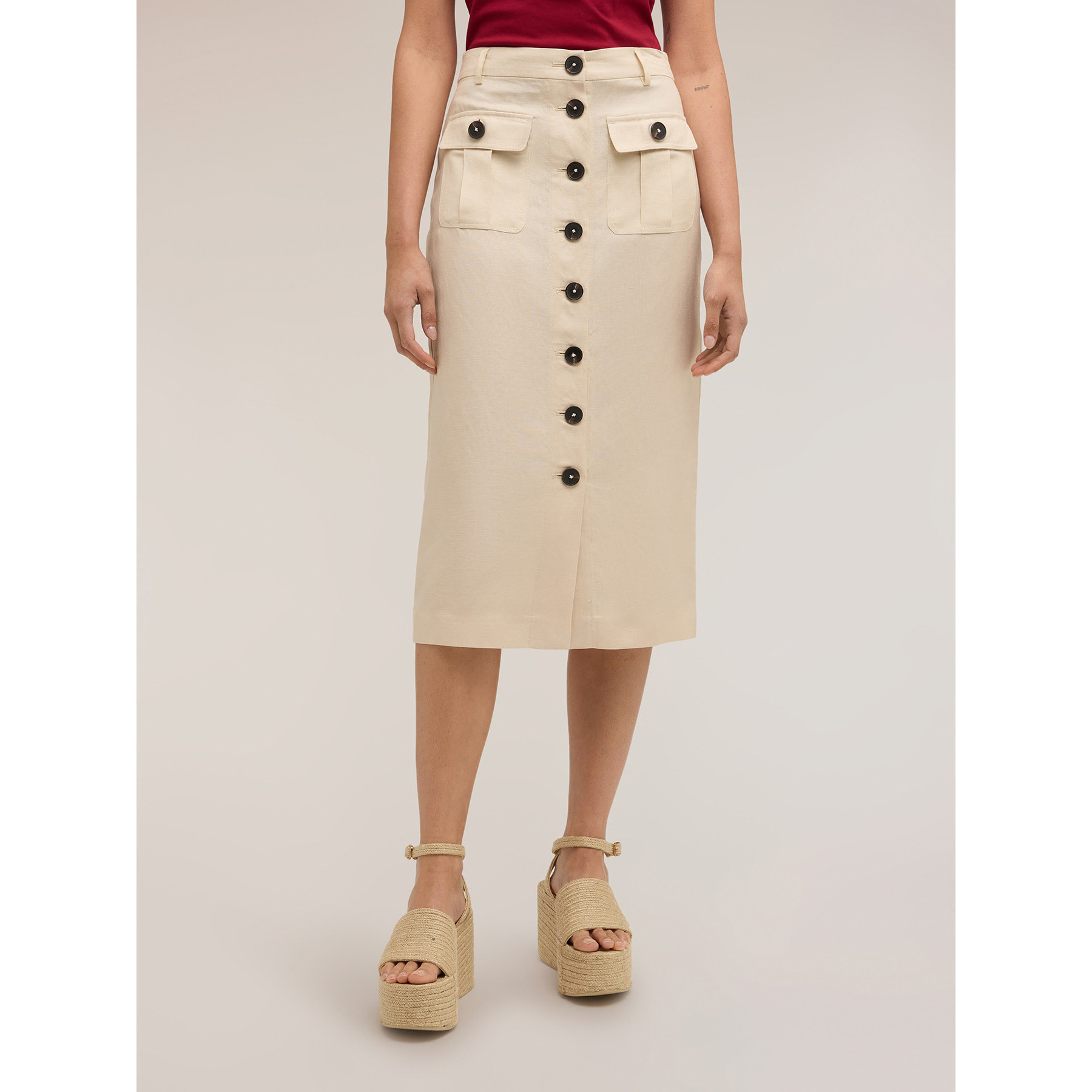 Motivi - Falda tubo longuette en mezcla de lino - Beige