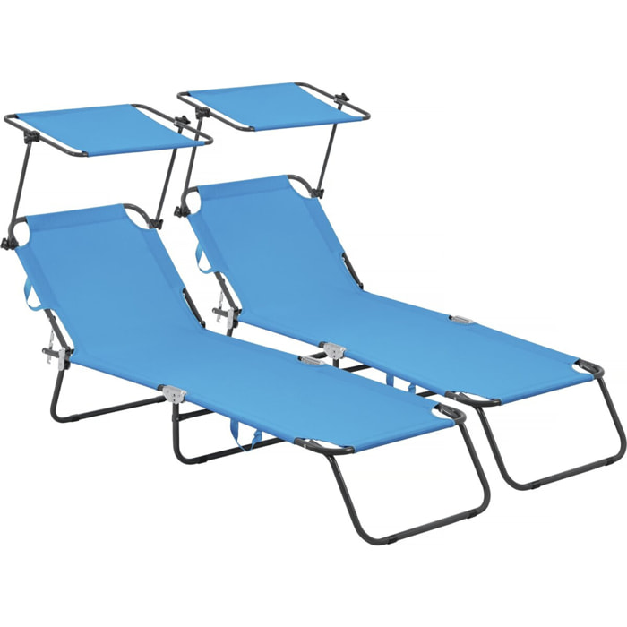 Lot de 2 bains de soleil pliable "Lazy" - Avec pare soleil - Bleu