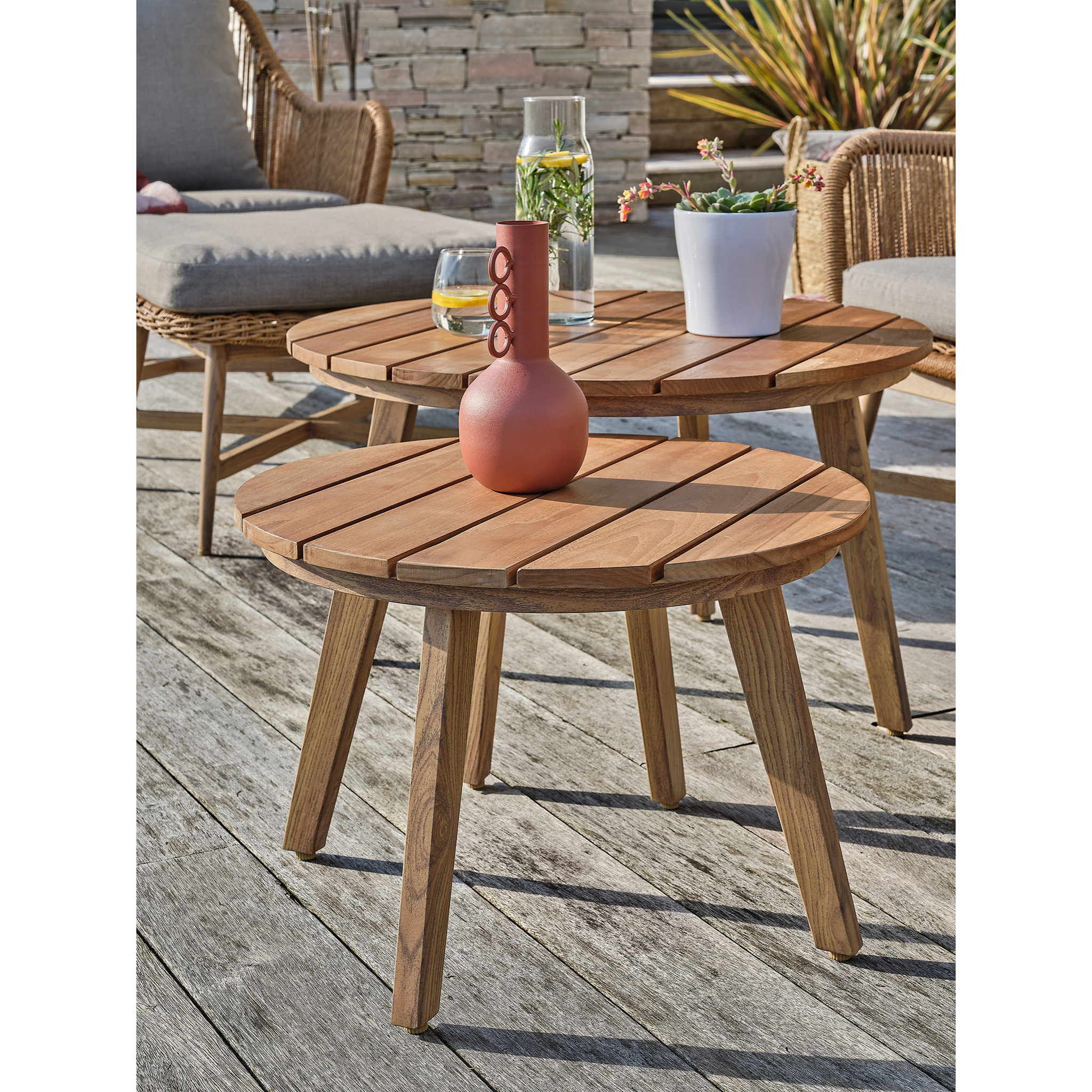 PALMAS - Salon bas de jardin 5 places alu aspect bois, teck et corde tissée