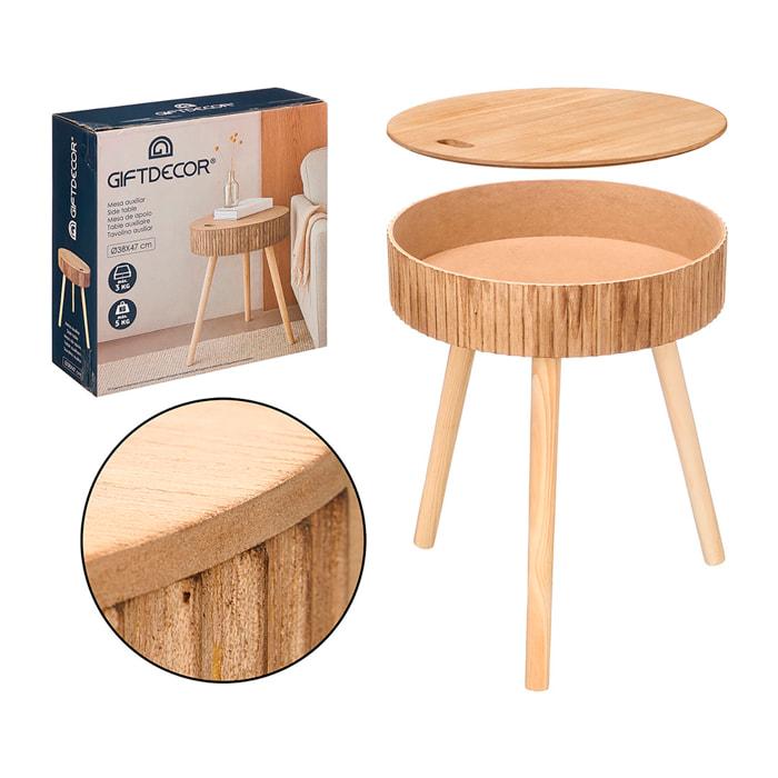 Mesa auxiliar natural con diseño de ondas, tapa elevable y compartimento interior, 38 cm de diámetro.