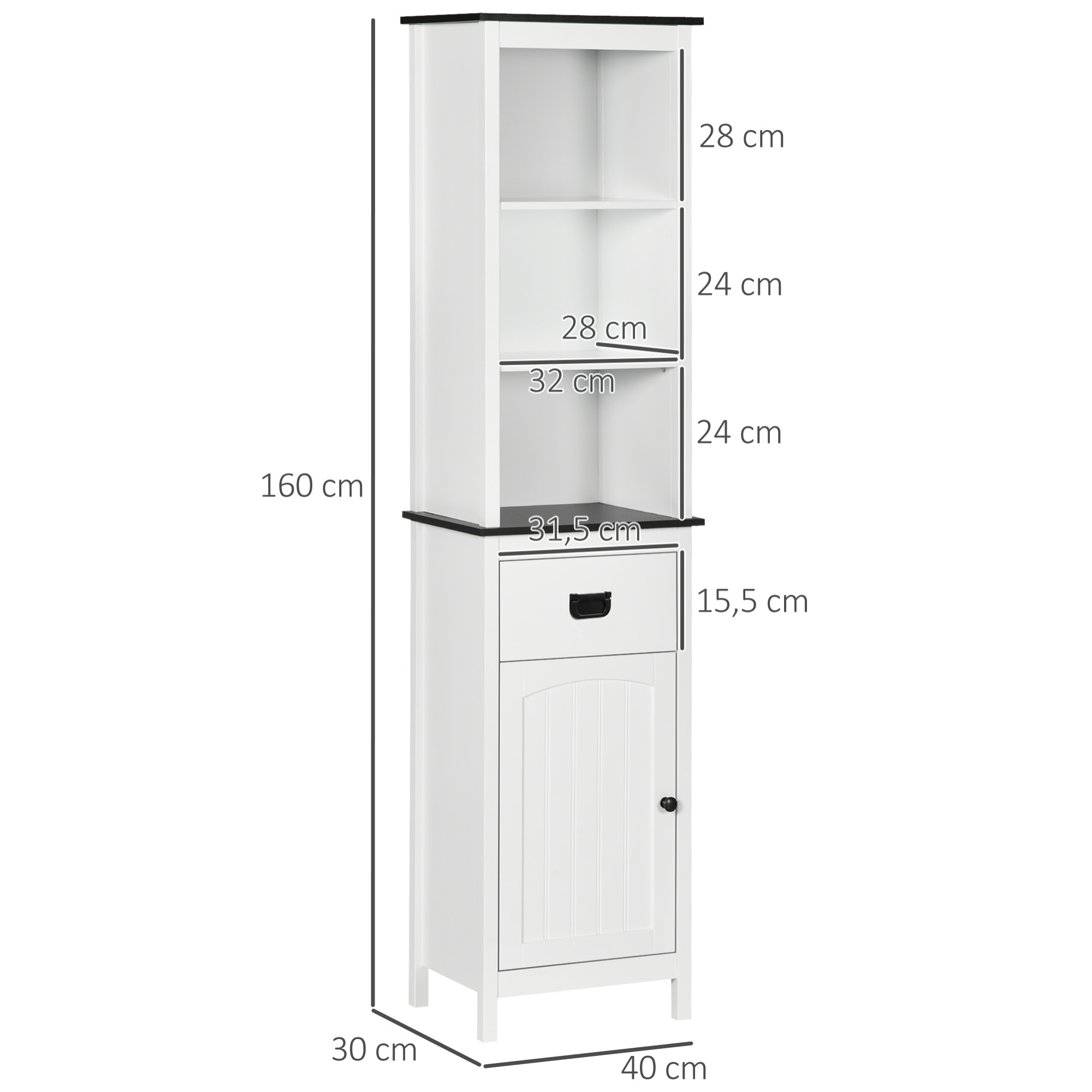 Armario Alto de Baño Mueble Columna de Baño con 3 Estantes de Almacenaje Puerta y Cajón para Ducha Aseo Dormitorio 40x30x160 cm Blanco