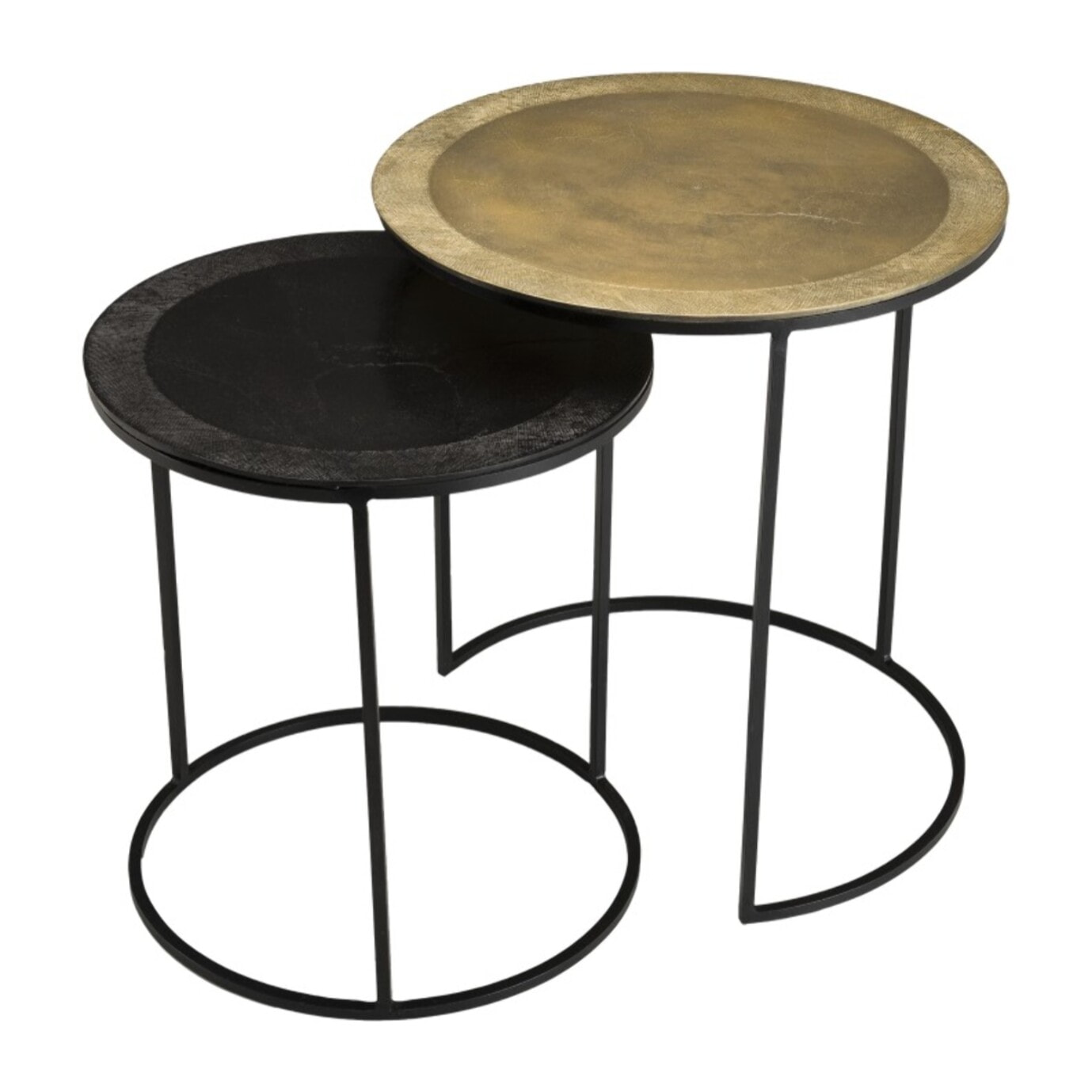 JOHAN - Set de 2 tables d'appoint gigognes rondes aluminium doré et noir - pieds ronds métal noir