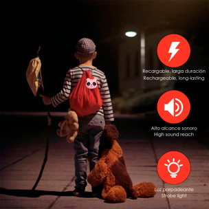 Alarma SOS personal con diseño de panda y sonido de 130dB. Batería recargable y activación rápida por tirón de anilla.