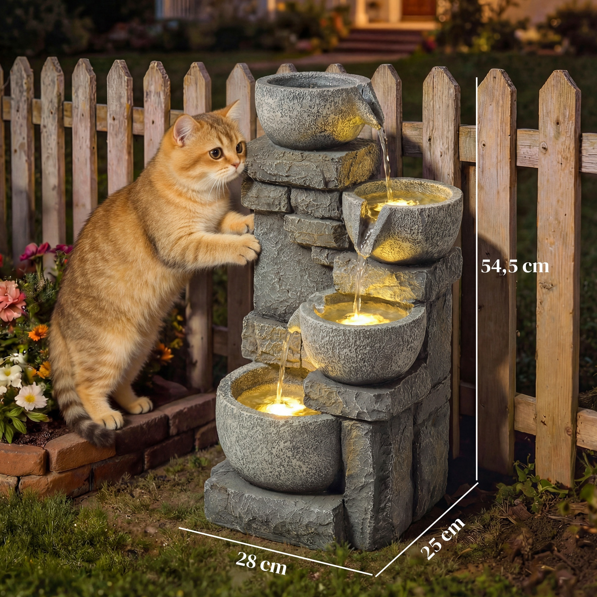 Fuente de Agua Decorativa con Iluminación LED y Bomba, Fuente de Jardín Exterior en Cascada de 4 Niveles, Flujo Ajustable, Resistente a la intemperie, para Jardín, Terraza, Patio, Gris