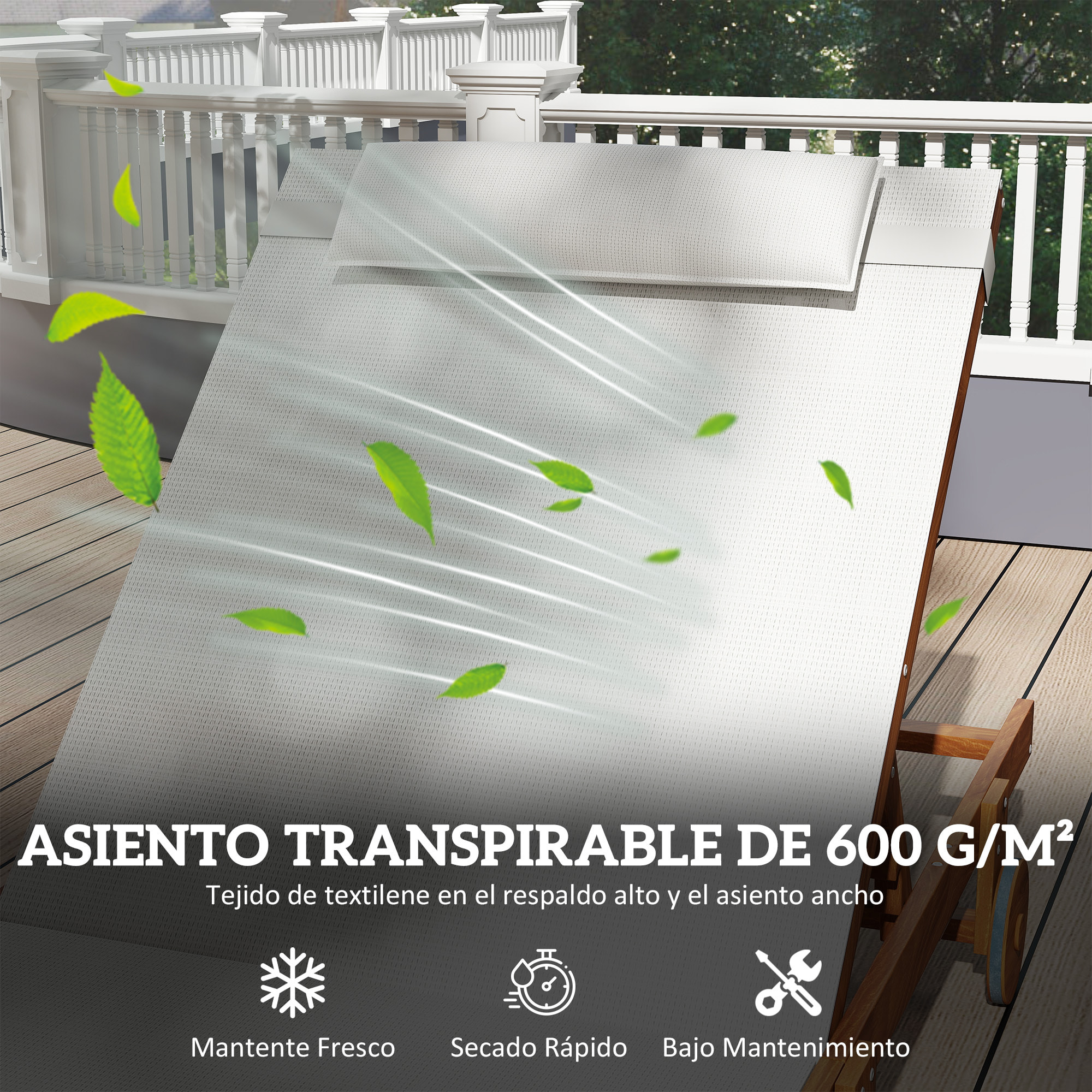 Tumbona Reclinable de Madera con Ruedas Tumbona Jardín Exterior con Respaldo Ajustable en 4 Niveles y Reposacabezas Carga 120 kg para Patio Terraza Balcón 200x84x101 cm Blanca y Teca