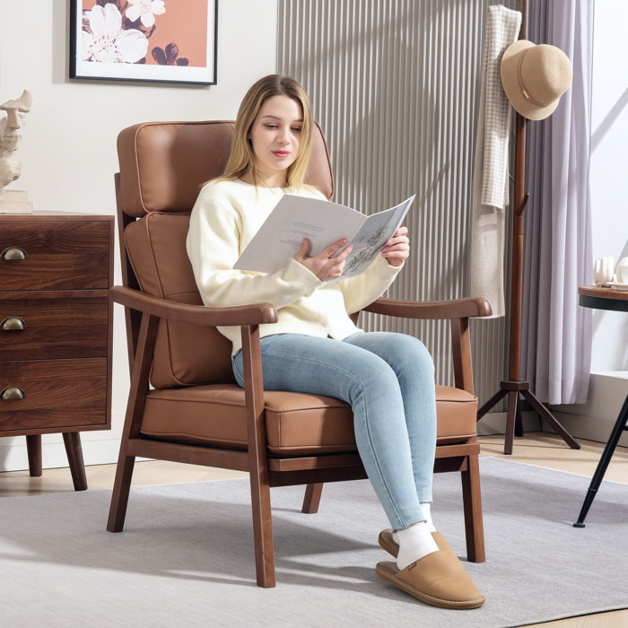 Butaca de Salón Sillón de Salón Tapizado en PU con Marco de Madera Cojines Acolchados Gruesos Respaldo Alto Carga 150 kg Sillón Lectura para Sala de Estar Dormitorio Marrón y Madera Nogal